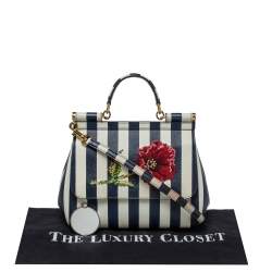 Pre Owned Dolce & Gabbana Blue/White Striped Embroidered Leather Medium Miss Sicily Top Handle Bag