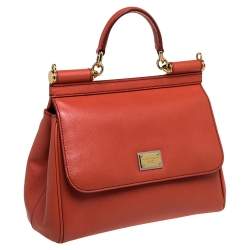 Pre Owned Dolce & Gabbana Orange Leather Medium Miss Sicily Top Handle Bag