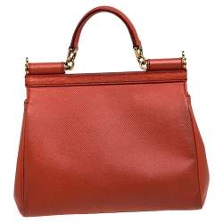 Pre Owned Dolce & Gabbana Orange Leather Medium Miss Sicily Top Handle Bag