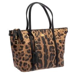 Pre Owned Dolce & Gabbana Brown/Black Animal Print Coated Canvas and Leather Miss Escape Tote