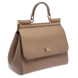 Pre Owned Dolce & Gabbana Beige Leather Medium Miss Sicily Top Handle Bag