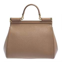 Pre Owned Dolce & Gabbana Beige Leather Medium Miss Sicily Top Handle Bag