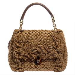 Pre Owned Dolce & Gabbana Tan/Brown Raffia and Leather Padlock Top Handle Bag
