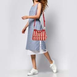 Pre Owned Dolce & Gabbana Red/White Stripe Raffia and Leather Medium Miss Sicily Top Handle Bag