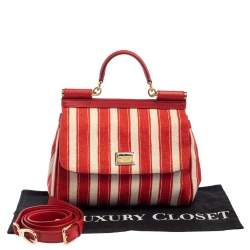 Pre Owned Dolce & Gabbana Red/White Stripe Raffia and Leather Medium Miss Sicily Top Handle Bag