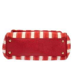 Pre Owned Dolce & Gabbana Red/White Stripe Raffia and Leather Medium Miss Sicily Top Handle Bag