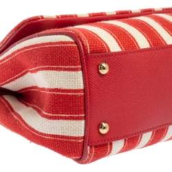 Pre Owned Dolce & Gabbana Red/White Stripe Raffia and Leather Medium Miss Sicily Top Handle Bag