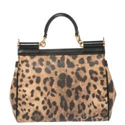 Pre Owned حقيبة دولتشي أند غابانا ميس سيسيلي متوسطة يد علوية جلد و كانفاس مقوى مطبوع نقشة الفهد بني و أسود