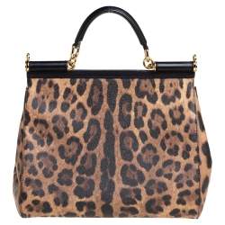 مملوكة مسبقًا حقيبة دولتشي أند غابانا ميس سيسيلي كبيرة يد علوية جلد و كانفاس مقوى مطبوع نقشة الفهد بني و أسود