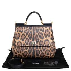 مملوكة مسبقًا حقيبة دولتشي أند غابانا ميس سيسيلي كبيرة يد علوية جلد و كانفاس مقوى مطبوع نقشة الفهد بني و أسود