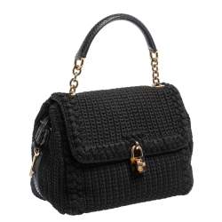 Pre Owned حقيبة يد علوية دولتشي أند غابانا بقفل جلد ثعبان وقماش كروشيه أسود