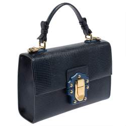 Pre Owned Dolce & Gabbana Blue Lizard Embossed Leather Lucia Top Handle Bag