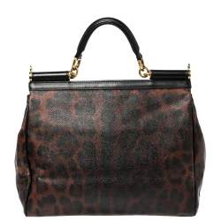 مملوكة مسبقًا Dolce & Gabbana Brown Leopard Print Coated Canvas Large Miss Sicily Top Handle Bag