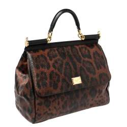 مملوكة مسبقًا Dolce & Gabbana Brown Leopard Print Coated Canvas Large Miss Sicily Top Handle Bag