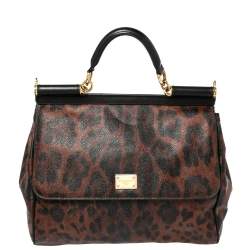 مملوكة مسبقًا Dolce & Gabbana Brown Leopard Print Coated Canvas Large Miss Sicily Top Handle Bag