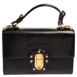Pre Owned Dolce & Gabbana Black Lizard Embossed Leather Lucia Top Handle Bag