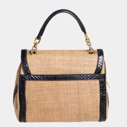 Dolce & Gabbana Beige/Black Raffia and Python Trim Miss Dolce Top Handle Bag