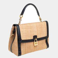 Dolce & Gabbana Beige/Black Raffia and Python Trim Miss Dolce Top Handle Bag