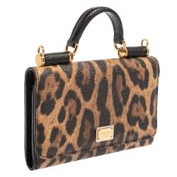 مملوكة مسبقًا محفظة دولتشي أند غابانا ميس سيسيلي جلد نقشة الفهد بني/أسود بسلسة