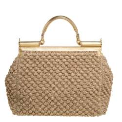 Pre Owned Dolce & Gabbana Gold Woven Raffia and Leather Large Miss Sicily Top Handle Bag
