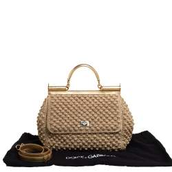 Pre Owned Dolce & Gabbana Gold Woven Raffia and Leather Large Miss Sicily Top Handle Bag