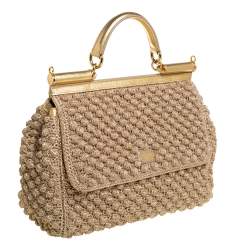 Pre Owned Dolce & Gabbana Gold Woven Raffia and Leather Large Miss Sicily Top Handle Bag