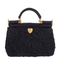 Pre Owned Dolce & Gabbana Black Fabric Medium Sicily Cordonetto Top Handle Bag