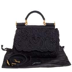 Pre Owned Dolce & Gabbana Black Fabric Medium Sicily Cordonetto Top Handle Bag