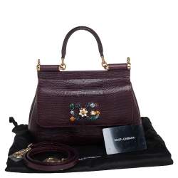 Pre Owned Dolce & Gabbana Dark Burgundy Lizard Embossed Leather Small Miss Sicily Crystal Top Handle Bag