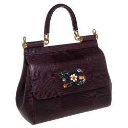 Pre Owned Dolce & Gabbana Dark Burgundy Lizard Embossed Leather Small Miss Sicily Crystal Top Handle Bag