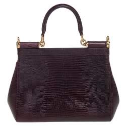 Pre Owned Dolce & Gabbana Dark Burgundy Lizard Embossed Leather Small Miss Sicily Crystal Top Handle Bag