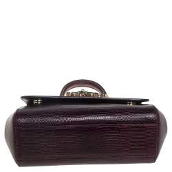 Pre Owned Dolce & Gabbana Dark Burgundy Lizard Embossed Leather Small Miss Sicily Crystal Top Handle Bag