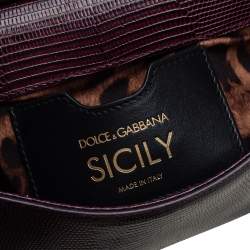 Pre Owned Dolce & Gabbana Dark Burgundy Lizard Embossed Leather Small Miss Sicily Crystal Top Handle Bag