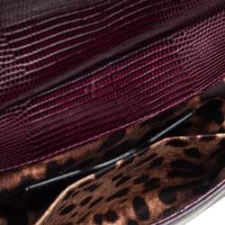 Pre Owned Dolce & Gabbana Dark Burgundy Lizard Embossed Leather Small Miss Sicily Crystal Top Handle Bag