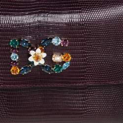 Pre Owned Dolce & Gabbana Dark Burgundy Lizard Embossed Leather Small Miss Sicily Crystal Top Handle Bag