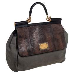 مملوكة مسبقًا Dolce & Gabbana Grey/Black Denim and Ostrich Leg Leather Large Miss Sicily Top Handle Bag