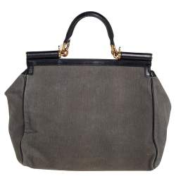 مملوكة مسبقًا Dolce & Gabbana Grey/Black Denim and Ostrich Leg Leather Large Miss Sicily Top Handle Bag
