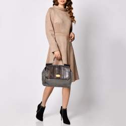 مملوكة مسبقًا Dolce & Gabbana Grey/Black Denim and Ostrich Leg Leather Large Miss Sicily Top Handle Bag