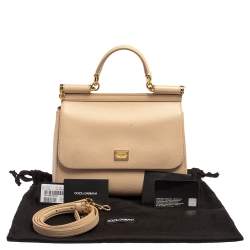 Pre Owned Dolce & Gabbana Beige Leather Medium Miss Sicily Top Handle Bag