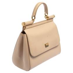 Pre Owned Dolce & Gabbana Beige Leather Medium Miss Sicily Top Handle Bag