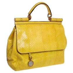 Pre Owned حقيبة دولتشي أند غابانا ميس سيسيلي هيريتاج جلد ثعبان أصفر متوسطة بيد علوية