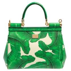 Pre Owned Dolce & Gabbana Banana Leaf Print Leather Small Miss Sicily Top Handle Bag