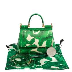 Pre Owned Dolce & Gabbana Banana Leaf Print Leather Small Miss Sicily Top Handle Bag