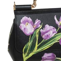 Pre Owned Dolce & Gabbana Black Tulip Print Leather Medium Miss Sicily Top Handle Bag