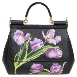 Pre Owned Dolce & Gabbana Black Tulip Print Leather Medium Miss Sicily Top Handle Bag
