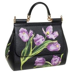 Pre Owned Dolce & Gabbana Black Tulip Print Leather Medium Miss Sicily Top Handle Bag