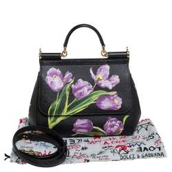 Pre Owned Dolce & Gabbana Black Tulip Print Leather Medium Miss Sicily Top Handle Bag