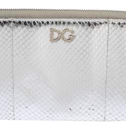 Pre Owned Dolce & Gabbana Silver Python Embossed Leather Zip Around Wallet