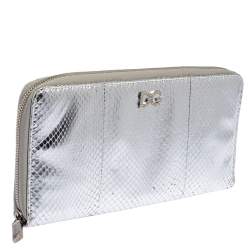 Pre Owned Dolce & Gabbana Silver Python Embossed Leather Zip Around Wallet
