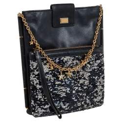 Pre Owned Dolce & Gabbana Black Leather and Sequins iPad Crossbody Bag